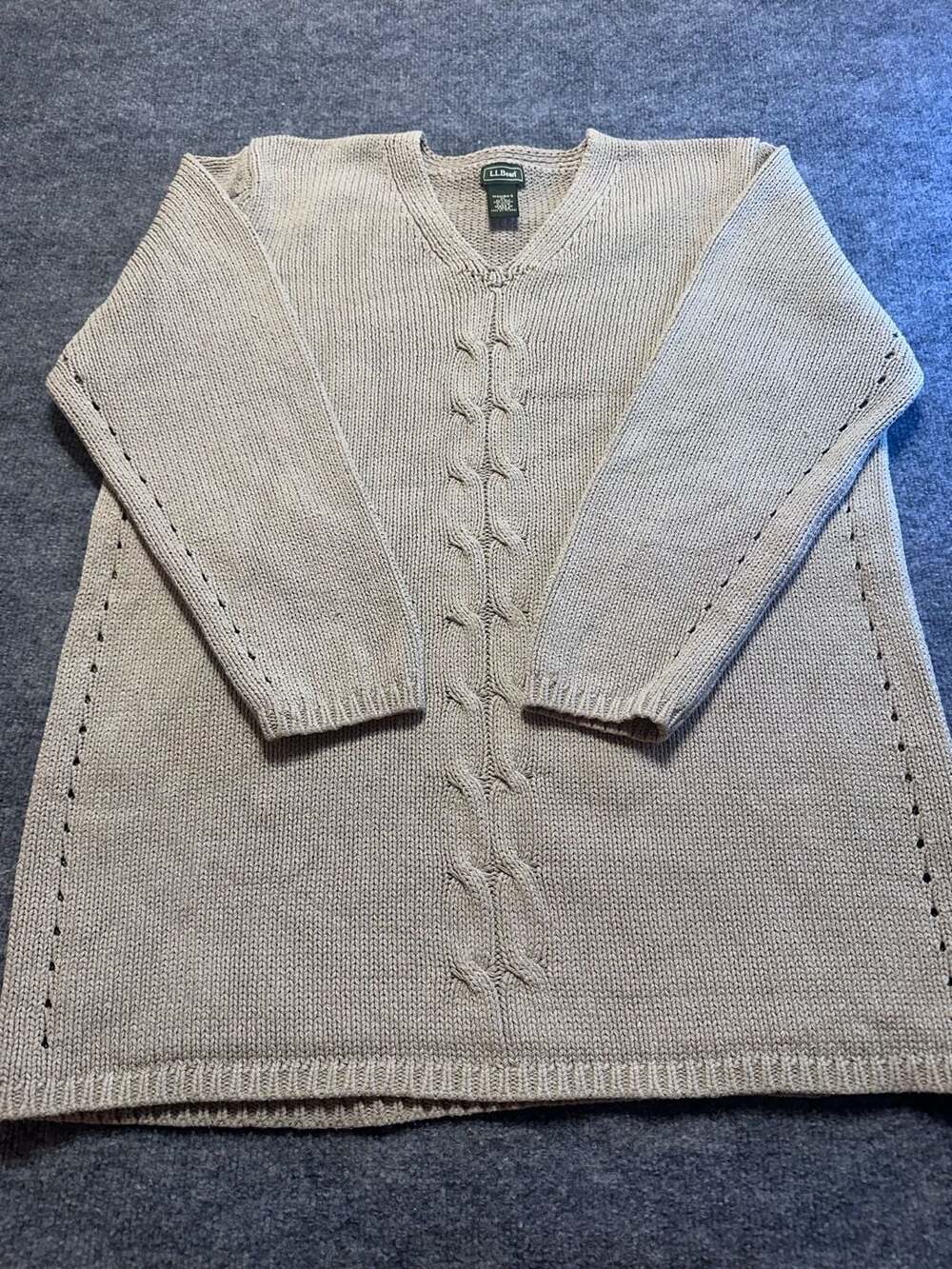 L.L.Bean Women XL Silk Cotton Blend Cable Knit V Neck Sweater Fisherman Preppy